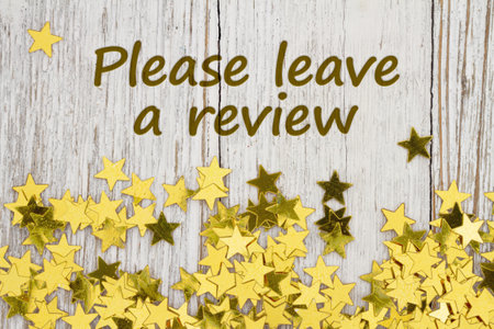 Please leave a review message with gold stars on weathered wood