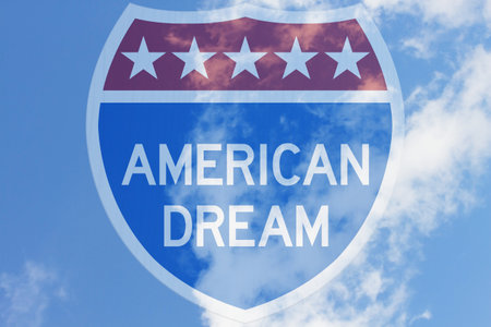 American Dream message on highway road sign with skyの写真素材