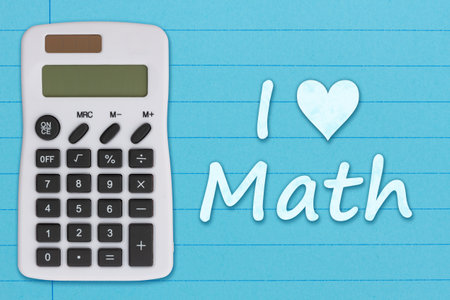 I love math on retro blue lined school paper with a calculatorの写真素材