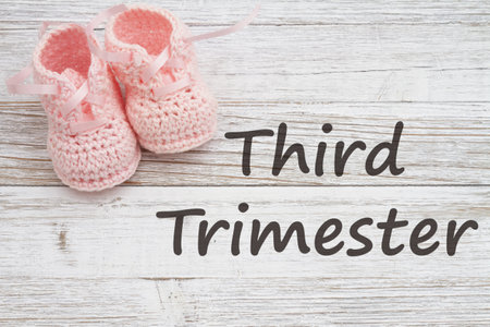Third Trimester message with pink baby booties on weathered woodの写真素材