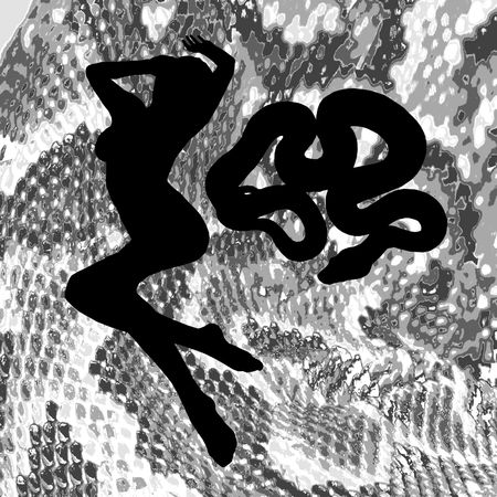 Silhouetted woman and snake against a snake skin background.の写真素材