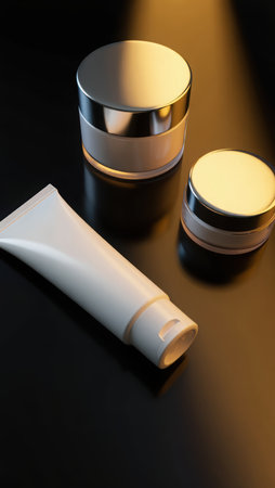 White Bottle and tubes for cosmetics on a black background in studio Natural cosmetics production for hair and skin care. Glossy cosmetic jar with cream. High quality photoの素材