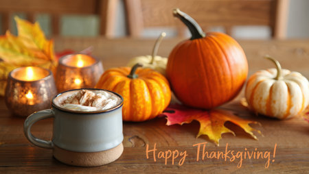 Happy Thanksgiving Text Day Background with pumpkins and autumn leaves Holiday Autumn festival scene, Fall, Harvest. holiday themed designs greeting cards, and social media posts. High quality photoの素材