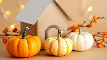 Happy Thanksgiving Text Day Background with pumpkins and autumn leaves Holiday Autumn festival scene, Fall, Harvest. holiday themed designs greeting cards, and social media posts. High quality photoの素材