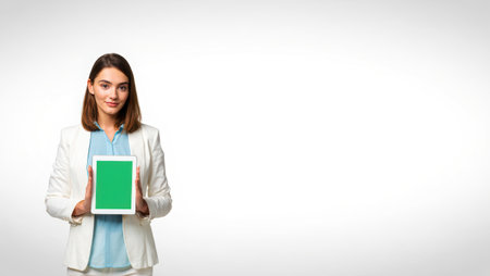 Mockup woman hand holding using smart tablet with green blank screen, mobile app, advertising, online marketing, banner, business, technology, people contact, empty space, copy space. High qualityの素材