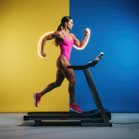 Runner on a treadmill, sport, running, girl on a treadmill, health, training, anaerobic exercise, jogging, new life, physical education, gym. High qualityの素材