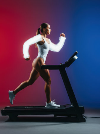 Runner on a treadmill, sport, running, girl on a treadmill, health, training, anaerobic exercise, jogging, new life, physical education, gym. High qualityの素材