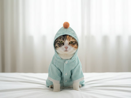 Cat in pajamas, healthy sleep concept, sleep, cat, pajamas, pet, for advertising, for banner, sleeping cat, Monday morning state. High qualityの素材