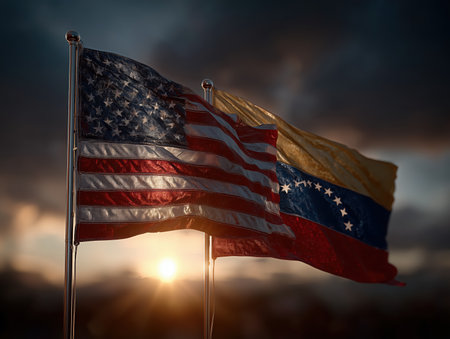Venezuela and United States flag. Venezuela and USA. Venezuela vs US diplomatic concept. High quality photoの素材