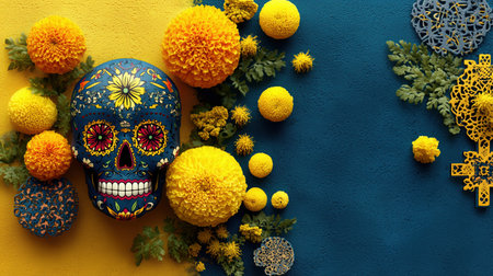 Day of the Dead Dia de los Muertos, a vibrant Mexican holiday celebrated on November 1st and 2nd. mural, catrina, colorful, dancing, mexico, traditional, marigolds, candles, skulls. High qualityの素材
