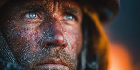 Close up Male Firefighter in Full Gear Ready for Duty, Standing in Front of a camera. Portrait of a Brave. High qualityの素材