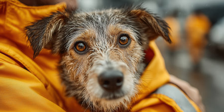 A firefighter rescued a dog from a fire. Close up Male Firefighter in Full Gear Ready for Duty, Standing in Front of a camera. Portrait of a Brave. High qualityの素材