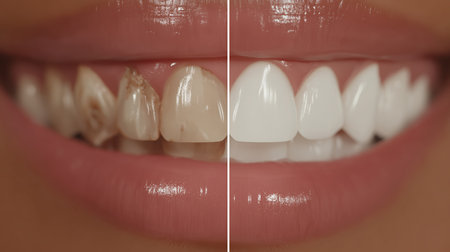 Teeth before and after, whitening, healthy teeth, dental care, oral cavity, bad breath. white beautiful teeth, dental advertising, medicine, health, copy space, for banner. High qualityの素材