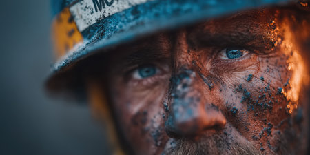 Close up Male Firefighter in Full Gear Ready for Duty, Standing in Front of a camera. Portrait of a Brave. High qualityの素材