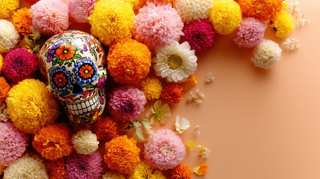 Day of the Dead Dia de los Muertos, a vibrant Mexican holiday celebrated on November 1st and 2nd. mural, catrina, colorful, dancing, mexico, traditional, marigolds, candles, skulls. High qualityの素材