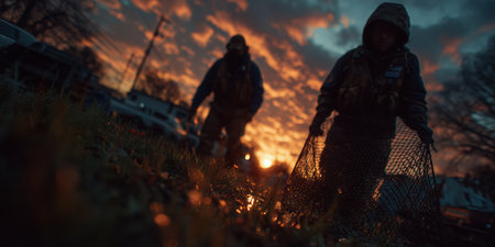 Search for stray dogs, animal capture, street dogs, mongrels, animal control officers in uniforms working together. High qualityの素材