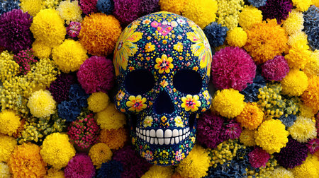 Day of the Dead Dia de los Muertos, a vibrant Mexican holiday celebrated on November 1st and 2nd. mural, catrina, colorful, dancing, mexico, traditional, marigolds, candles, skulls. High qualityの素材