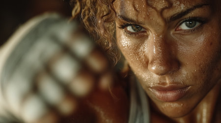 Beautiful girl boxer, sport concept, healthy lifestyle, for advertising. Woman fighter looks at the camera, training in the boxing gym, a series of punches, front view. High quality photoの素材