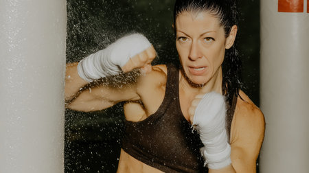Beautiful girl boxer, sport concept, healthy lifestyle, for advertising. Woman fighter looks at the camera, training in the boxing gym, a series of punches, front view. High quality photoの素材