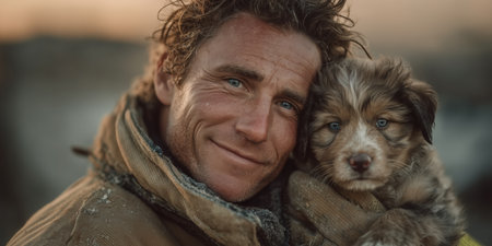A firefighter rescued a dog from a fire. Close up Male Firefighter in Full Gear Ready for Duty, Standing in Front of a camera. Portrait of a Brave. High qualityの素材