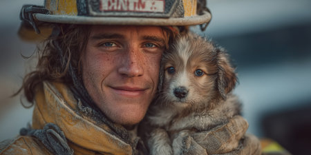 A firefighter rescued a dog from a fire. Close up Male Firefighter in Full Gear Ready for Duty, Standing in Front of a camera. Portrait of a Brave. High qualityの素材