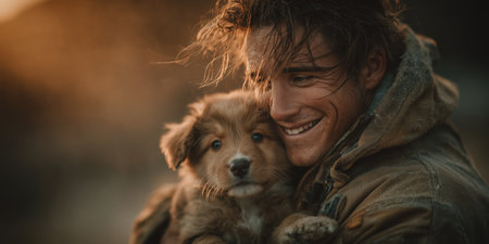 A firefighter rescued a dog from a fire. Close up Male Firefighter in Full Gear Ready for Duty, Standing in Front of a camera. Portrait of a Brave. High qualityの素材