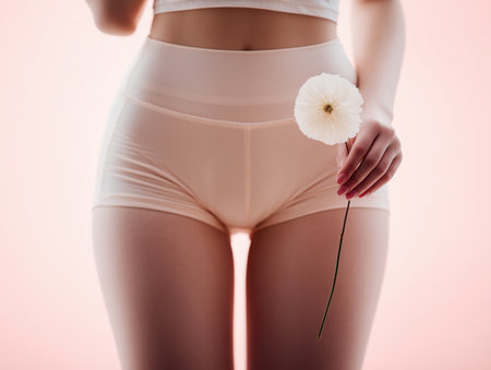 Periods of a young beautiful girl, these days, red days, menstruation, banner, hygiene, health care, women days, woman in menstrual panties. High qualityの素材