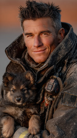 A firefighter rescued a dog from a fire. Close up Male Firefighter in Full Gear Ready for Duty, Standing in Front of a camera. Portrait of a Brave. High qualityの素材