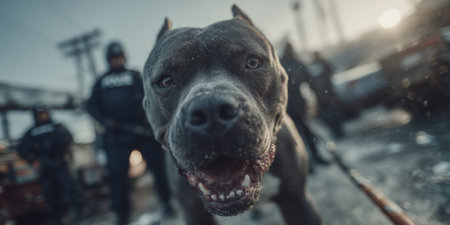 Police officer with dog, angry dog, pit bull and police, patrol dog, bloodhound, attack dog. High qualityの素材