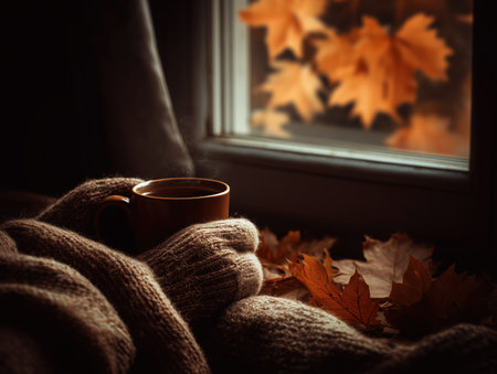 A woman is sitting in a chair with a mug of coffee in her hand, fall, autumn. The mug is steaming and the woman is wearing a sweaterの素材