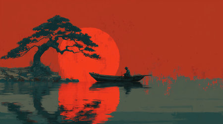 Fisherman in Japan, big red sun, abstract, Japanese flag, tree and fisherman, morning, new day. High qualityの素材