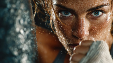 Beautiful girl boxer, sport concept, healthy lifestyle, for advertising. Woman fighter looks at the camera, training in the boxing gym, a series of punches, front view. High quality photoの素材