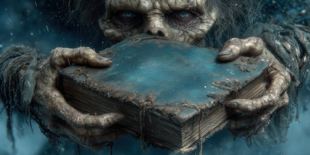 Halloween concept. necromancer with a book. use magic book for magic spell. necromancer wizard Handheld. High qualityの素材