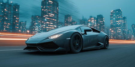 Sleek black sports car. Futuristic digital background. Concept of velocity and technology. A sleek black sports car.の素材