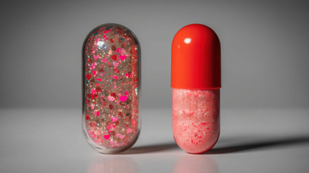 Tablets in capsules with hearts, medicines, for heart diseases, for banners, for pharmacies, for advertising medicines, copy space, white background. High qualityの素材