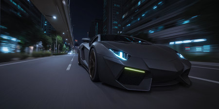 Sleek black sports car. Futuristic digital background. Concept of velocity and technology. A sleek black sports car.の素材