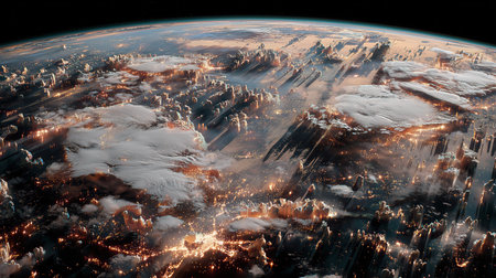 Nasa, space, View of planet Earth from space. Sun on the horizon, dramatic sunlight casting long shadows of clouds across the Earth atmosphere. High qualityの素材