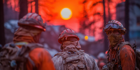 Close up Male Firefighter in Full Gear Ready for Duty, Standing in Front of a camera. Portrait of a Brave. High qualityの素材
