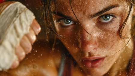 Beautiful girl boxer, sport concept, healthy lifestyle, for advertising. Woman fighter looks at the camera, training in the boxing gym, a series of punches, front view. High quality photoの素材