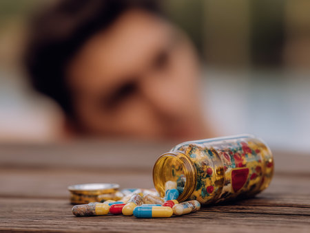 Suicide concept. Drug addiction, medical abuse, tablet overdose. Man Hand on Floor with Bottle of Pills Spilled, close-up. High quality photoの素材