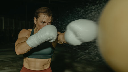 Beautiful girl boxer, sport concept, healthy lifestyle, for advertising. Woman fighter looks at the camera, training in the boxing gym, a series of punches, front view. High quality photoの素材