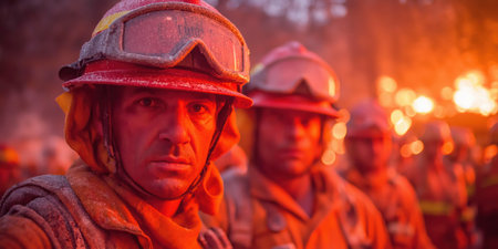 Close up Male Firefighter in Full Gear Ready for Duty, Standing in Front of a camera. Portrait of a Brave. High qualityの素材