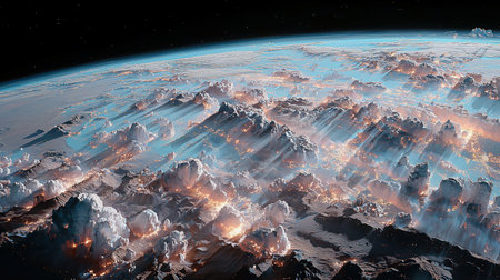 Nasa, space, View of planet Earth from space. Sun on the horizon, dramatic sunlight casting long shadows of clouds across the Earth atmosphere. High qualityの素材