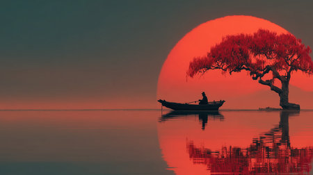 Fisherman in Japan, big red sun, abstract, Japanese flag, tree and fisherman, morning, new day. High qualityの素材
