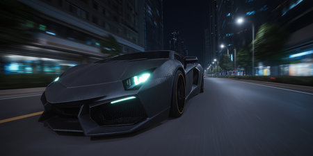 Sleek black sports car. Futuristic digital background. Concept of velocity and technology. A sleek black sports car.の素材