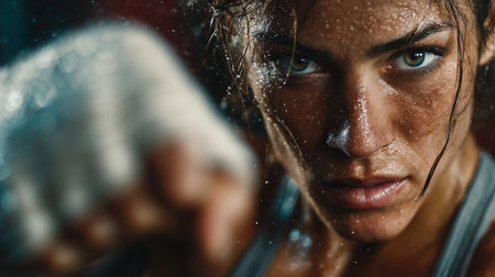 Beautiful girl boxer, sport concept, healthy lifestyle, for advertising. Woman fighter looks at the camera, training in the boxing gym, a series of punches, front view. High quality photoの素材