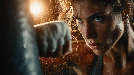 Beautiful girl boxer, sport concept, healthy lifestyle, for advertising. Woman fighter looks at the camera, training in the boxing gym, a series of punches, front view. High quality photoの素材