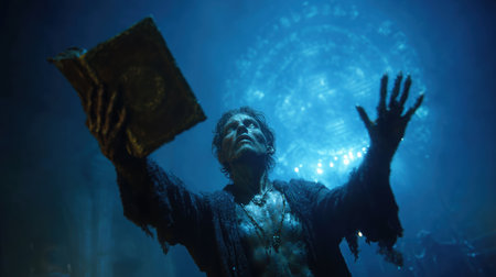 Halloween concept. necromancer with a book. use magic book for magic spell. necromancer wizard Handheld. High qualityの素材