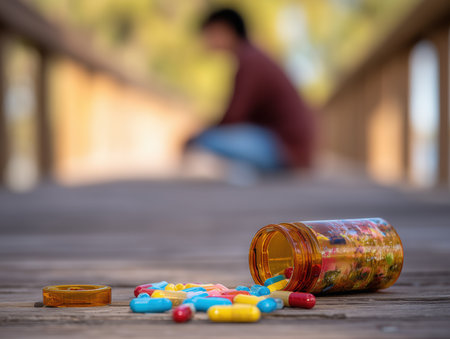 Suicide concept. Drug addiction, medical abuse, tablet overdose. Man Hand on Floor with Bottle of Pills Spilled, close-up. High quality photoの素材