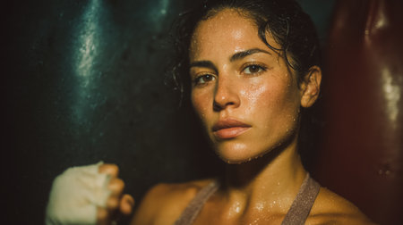 Beautiful girl boxer, sport concept, healthy lifestyle, for advertising. Woman fighter looks at the camera, training in the boxing gym, a series of punches, front view. High quality photoの素材